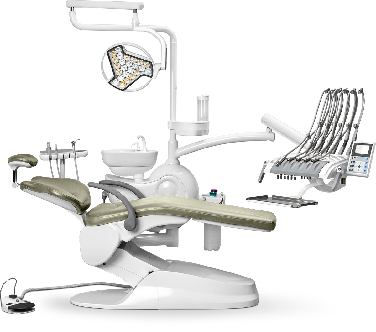 Стоматологическая установка M2 верхняя подача с 24-диодным светильником премиум, Золотая микрофибра