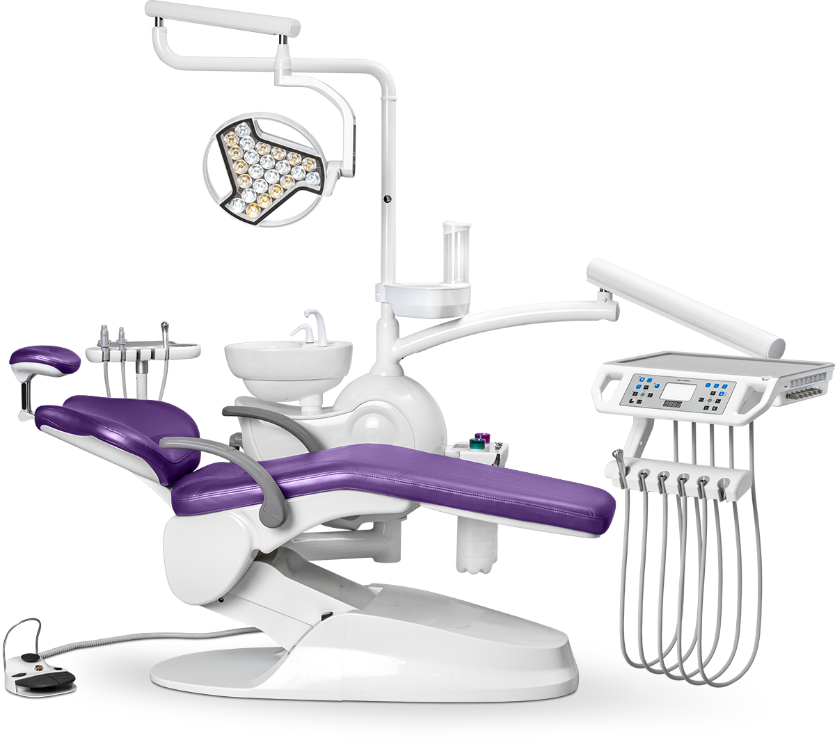 Стоматологическая установка M2 нижняя подача с 24-диодным светильником премиум, Фиолетовая микрофибра