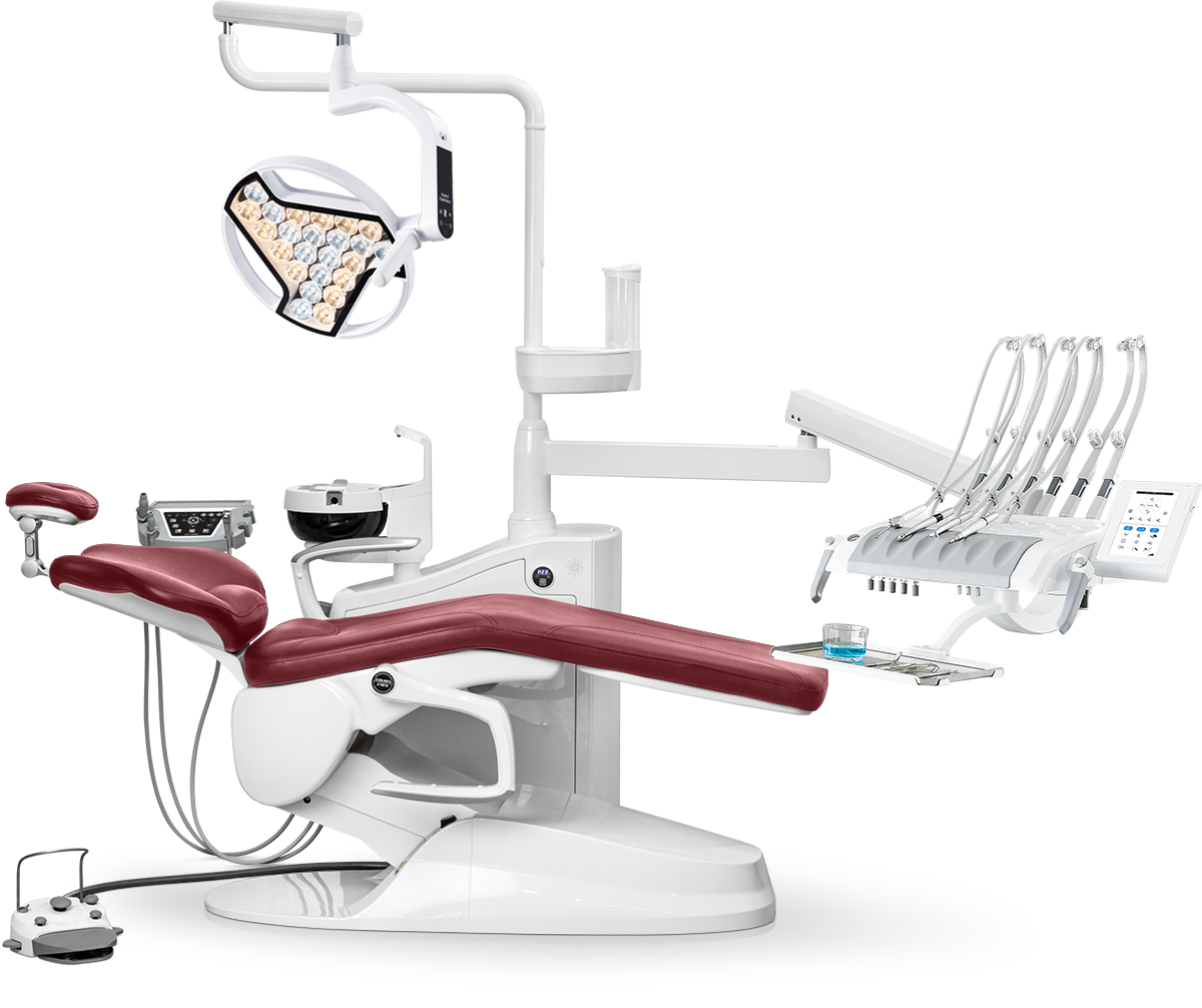 Стоматологическая установка Safety M8 верхняя подача с 24-диодным светильником, Бордовый